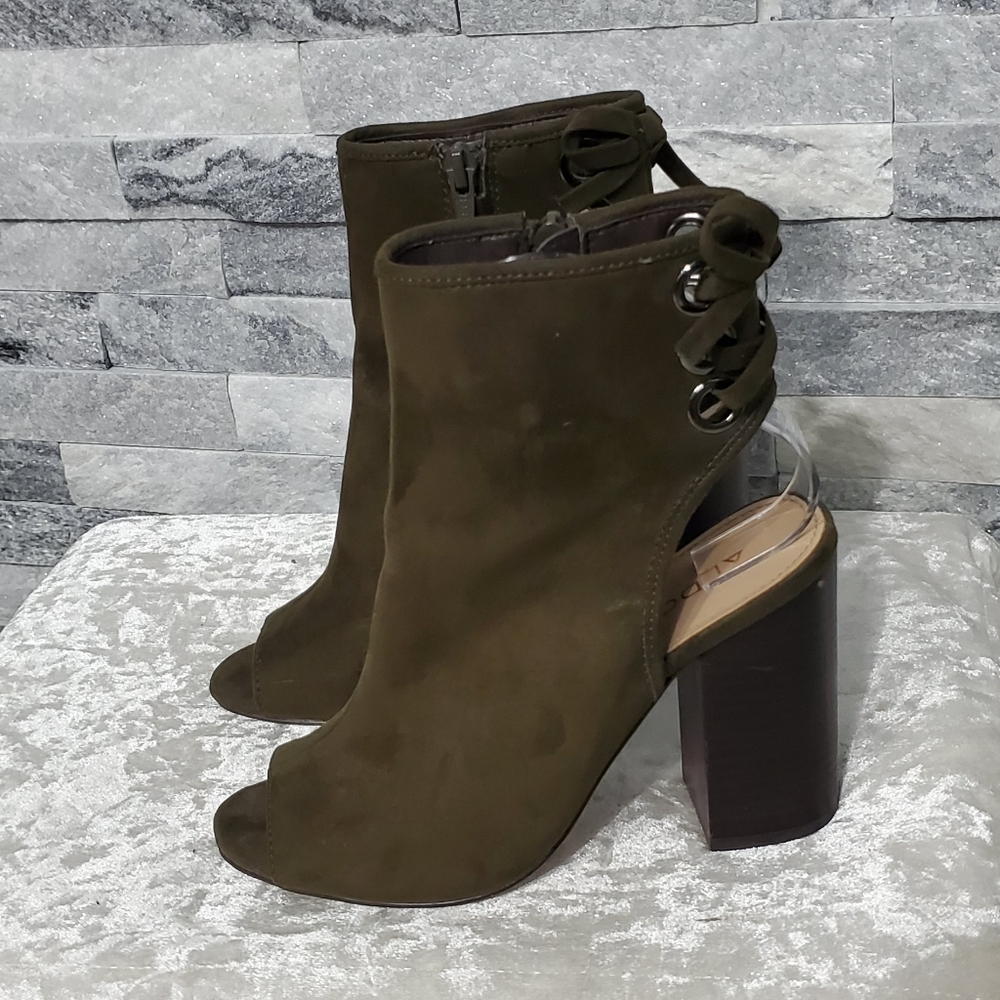 Aldo Olive Green Suede Peep Toe Laceup Block Heel Booties